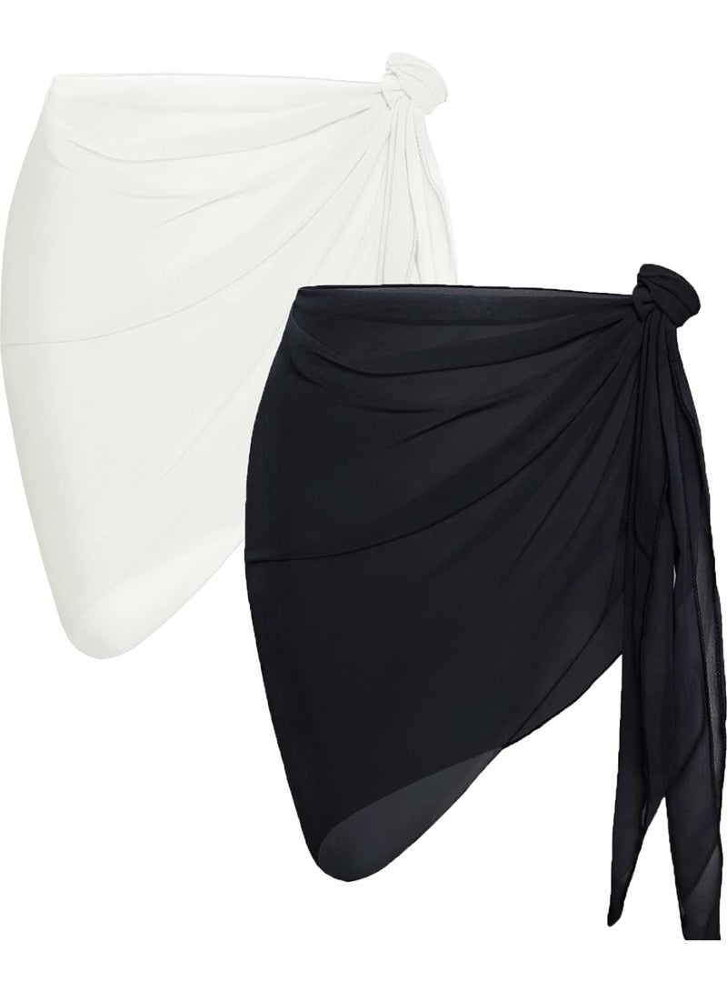 2 Piece Women's Beach Sarong Swimsuit Wrap Skirt Sheer Bikini Swimwear Cover Up for Swimwear(Black+White) - Image 1