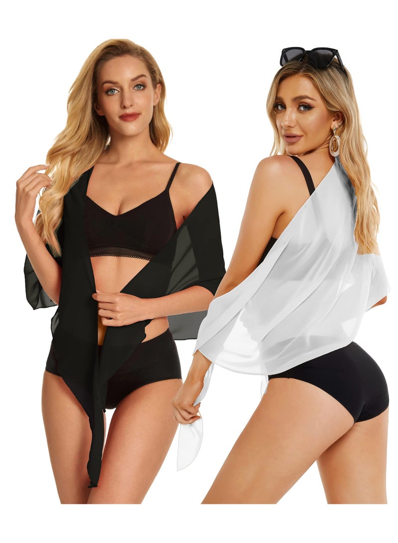2 Piece Women's Beach Sarong Swimsuit Wrap Skirt Sheer Bikini Swimwear Cover Up for Swimwear(Black+White) - Image 5