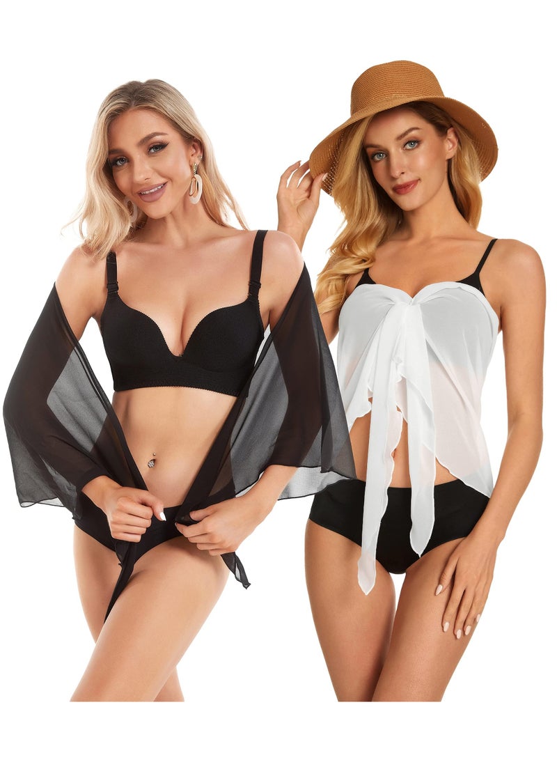 2 Piece Women's Beach Sarong Swimsuit Wrap Skirt Sheer Bikini Swimwear Cover Up for Swimwear(Black+White) - Image 3