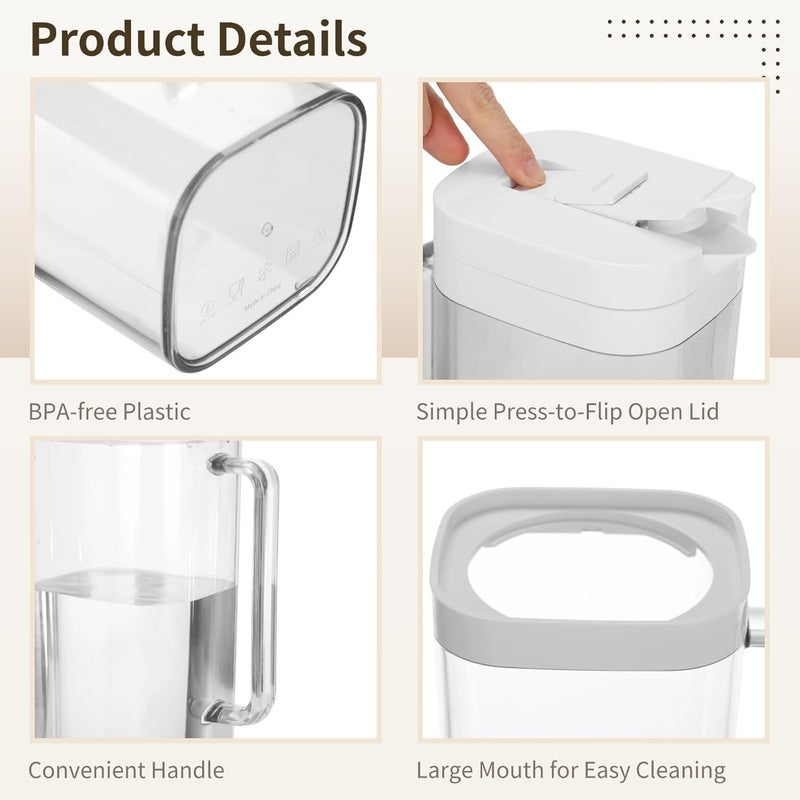 Plastic Water Pitcher with Flip-Top Lid, 2-Quart Large Capacity, Leakproof Slim Beverage Jug, Fridge Door Space-Saving Drink Dispenser, 5.0 x 3.9 x 11.3 in, for Iced Tea Juice Milk Home Party - Image 5