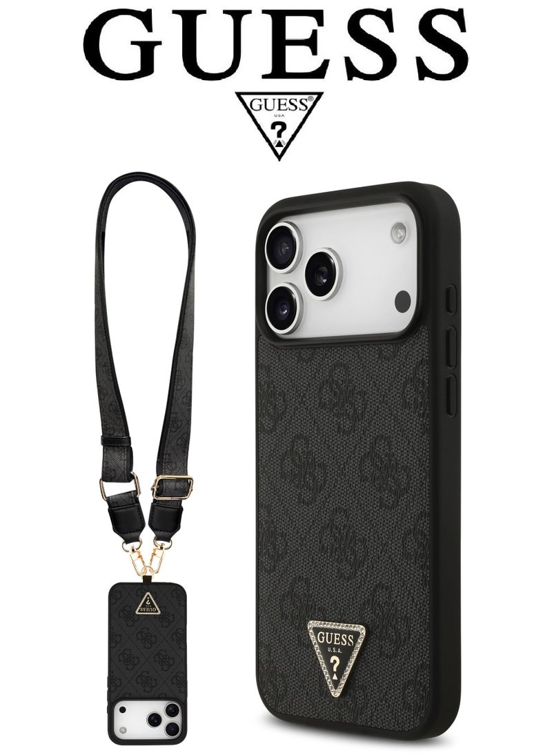 CG MOBILE Luxury embossed leather iPhone 17 Pro Max case with strap. MagSafe wireless charging iPhone cover iphone 17 pro max. Shockproof, durable back protection iphone 17 pro max back cover. French-designed, elegant iphone 17 pro max cover, certified in partnership with GUESS and . Black phone case. - Image 1