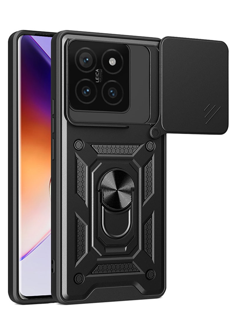 حافظة ل Xiaomi 14T Pro 5G مع غطاء كاميرا منزلق، مسند، PC+TPU ثنائي الطبقةBlack - Image 1