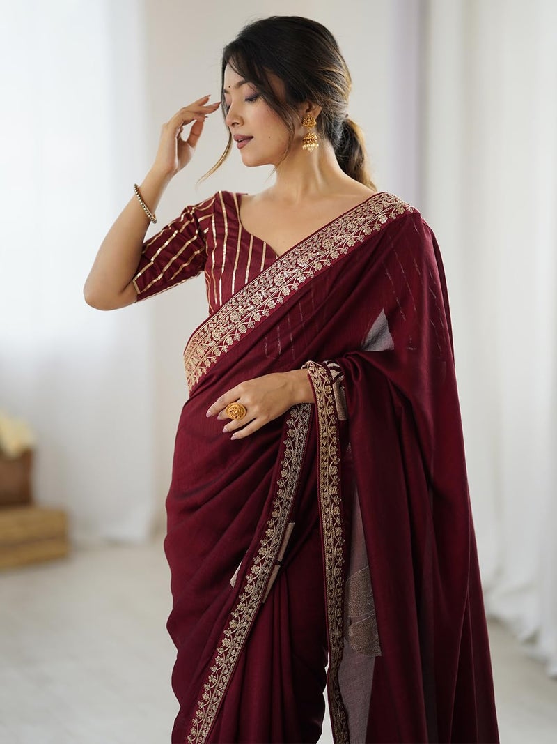 saree mall ساري مول ساري نسائي من حرير فيشيترا مطرز مع قطعة بلوزة غير مخيطة (RADHA9002_RX) - Image 5