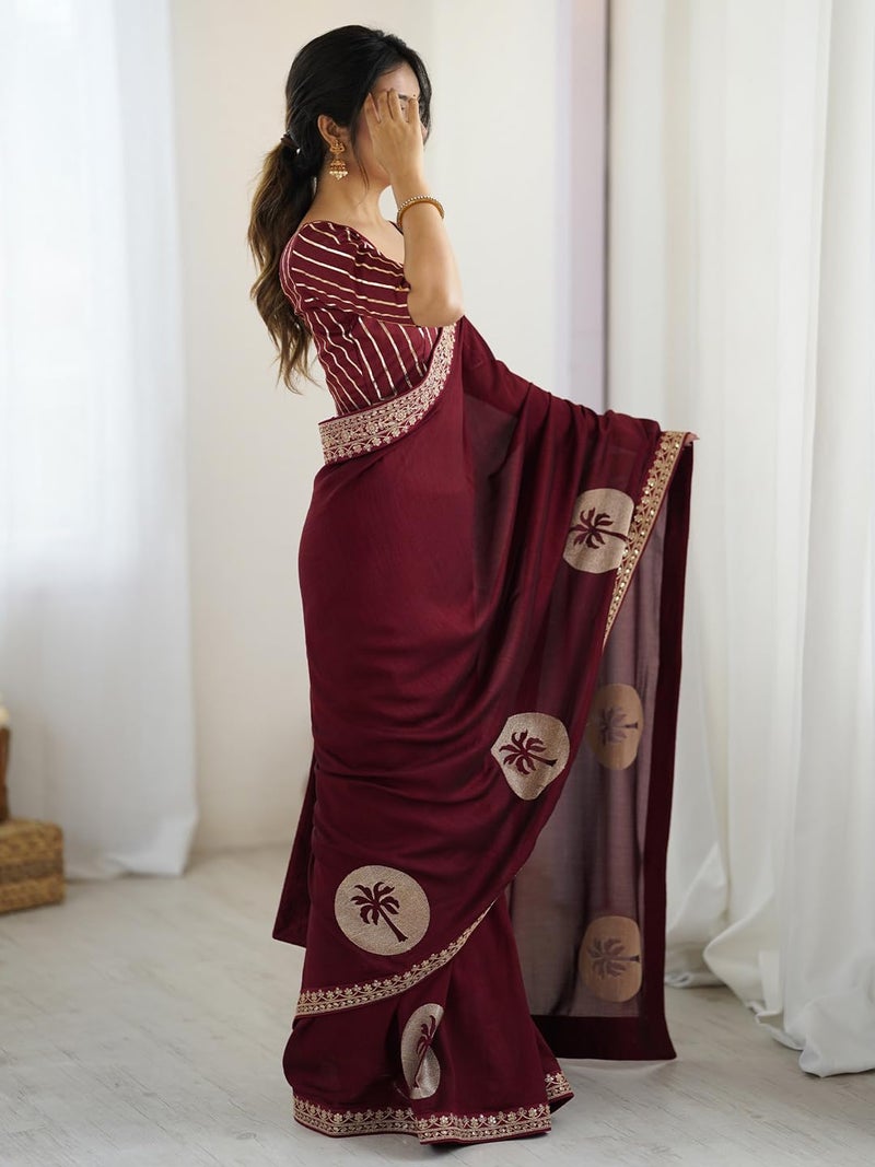 saree mall ساري مول ساري نسائي من حرير فيشيترا مطرز مع قطعة بلوزة غير مخيطة (RADHA9002_RX) - Image 4