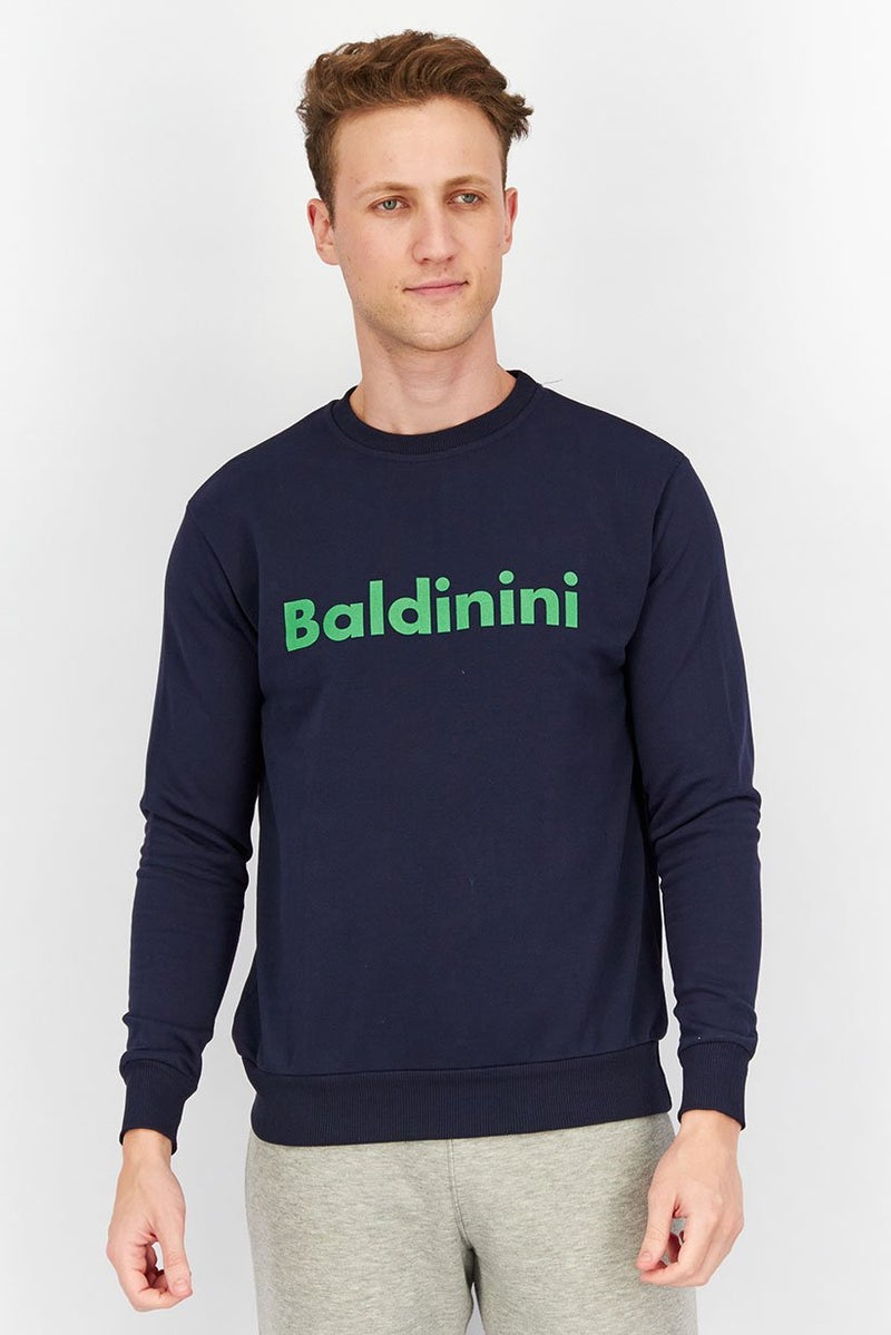 Baldinini Men Crew Neckline Brand Logo Long Sleeves Sweatshirt, Blue and Forest - Image 1