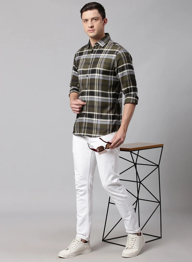 Dennis Lingo Slim Fit Green Men's Checkered Shirt, Spread Collar, Full Sleeves, 100% Cotton,