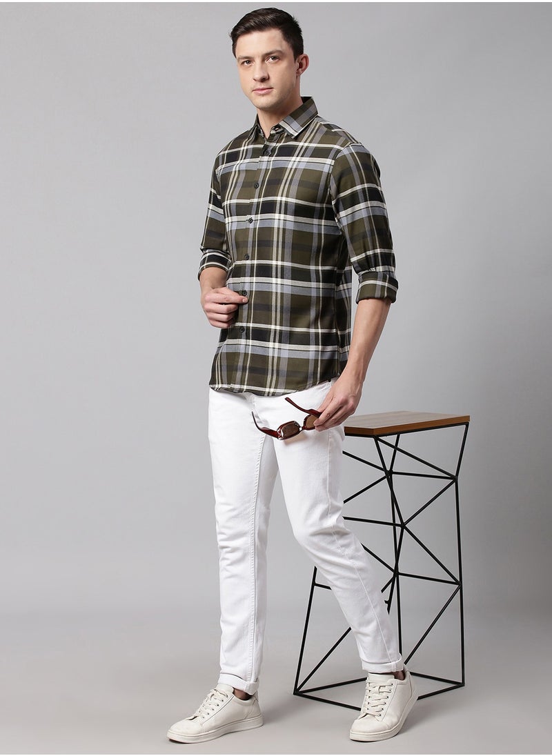 Dennis Lingo - Slim Fit Green Men's Checkered Shirt, Spread Collar, Full Sleeves, 100% Cotton, - Image 1