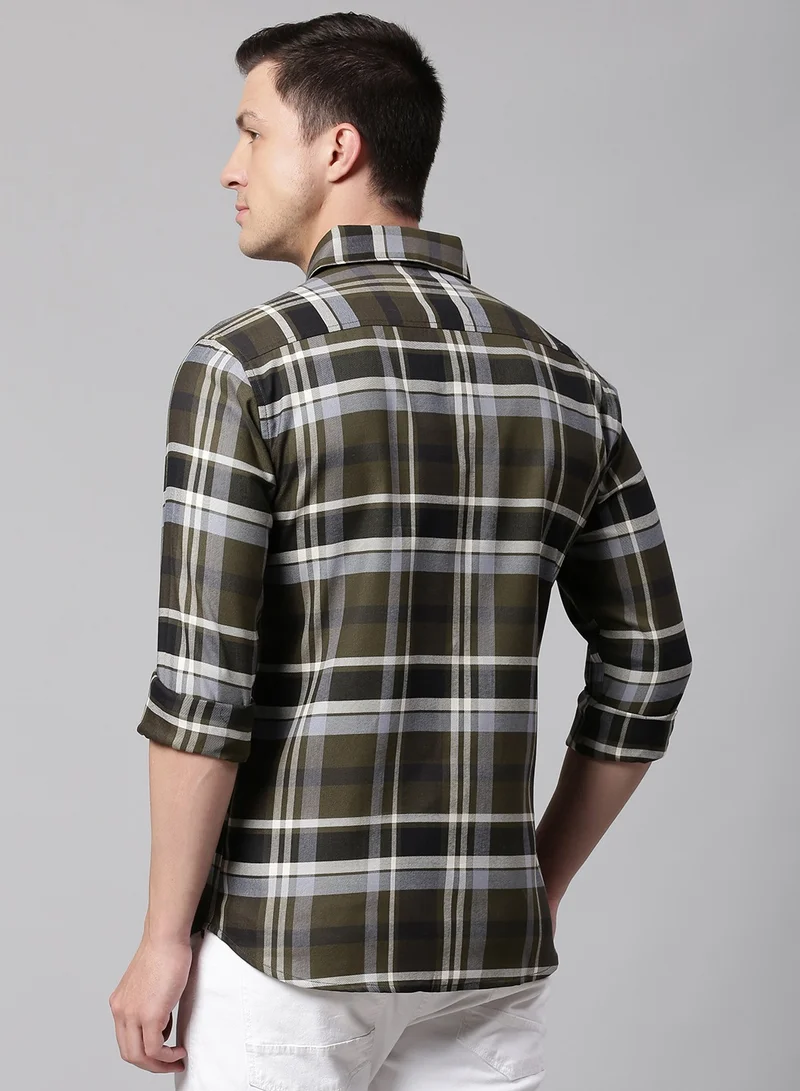 Dennis Lingo Slim Fit Green Men's Checkered Shirt, Spread Collar, Full Sleeves, 100% Cotton,