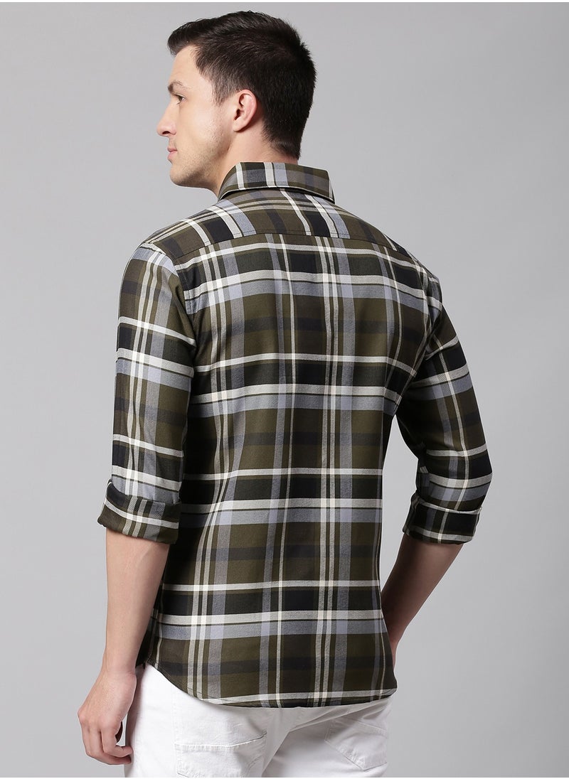 Dennis Lingo - Slim Fit Green Men's Checkered Shirt, Spread Collar, Full Sleeves, 100% Cotton, - Image 1