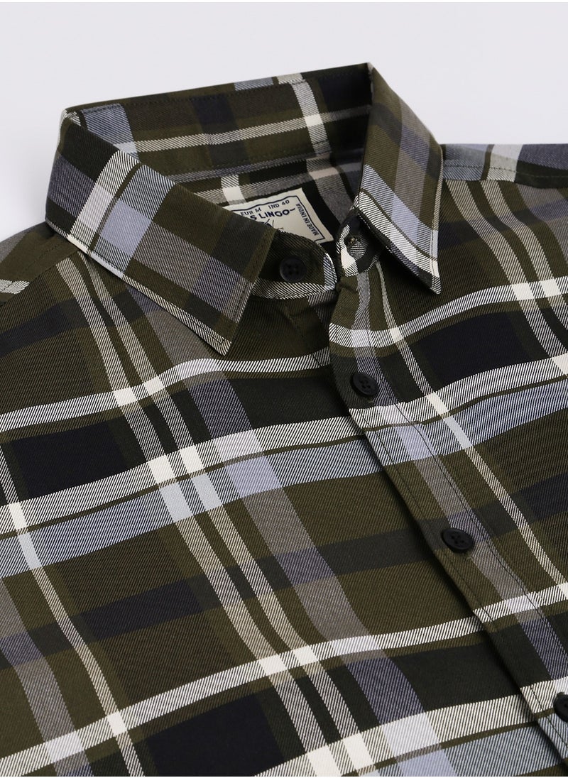 Dennis Lingo - Slim Fit Green Men's Checkered Shirt, Spread Collar, Full Sleeves, 100% Cotton, - Image 1