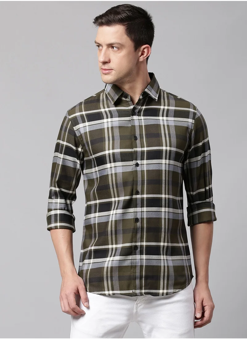 دينيس لينغو Slim Fit Green Men's Checkered Shirt, Spread Collar, Full Sleeves, 100% Cotton