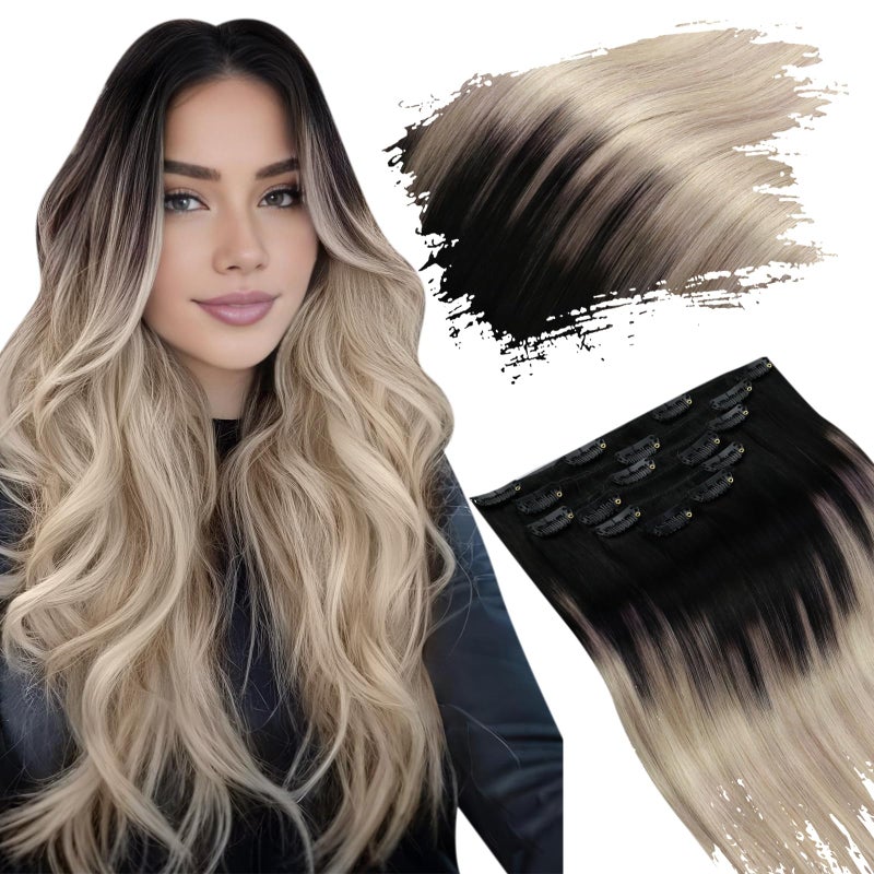 Ugeat Ombre Clip in Hair Extensions Human Hair Black and Blonde Hair Extensions Clip ins Black Ombre to Platinum Blonde Mix Ash Blond Instant Volume and Length Full Head 18 Inch 7pcs 120g