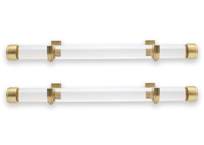 LUXURY 17 CUSTOM CLEAR ACRYLIC SIDE MOUNT CURTAIN RODS 1 14 LARGE DIAMETER PREMIUM BRACKETS ENDCAPS SIGNATURE COLLECTION SET OF TWO BRUSHED GOLD FINISH