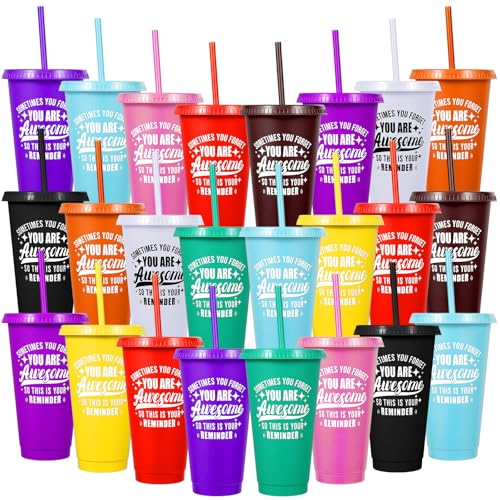 LEIFEOSH 24 Pack Plastic Tumblers with Lids and Straws Sometime You Forget You Are Awesome Gifts Reusable Cups with Lids Colorful Cups for Party Iced Coffee Cup Bulk Tumbler 24 oz Stylish Colors Printed - Image 1