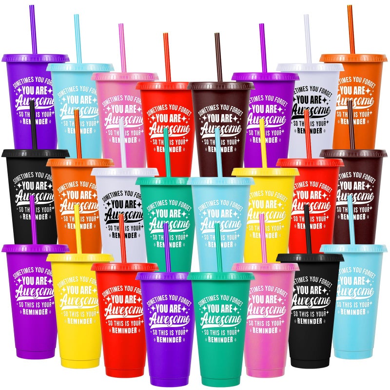 LEIFEOSH 24 Pack Plastic Tumblers with Lids and Straws Sometime You Forget You Are Awesome Gifts Reusable Cups with Lids Colorful Cups for Party Iced Coffee Cup Bulk Tumbler 24 oz Stylish Colors Printed - Image 2