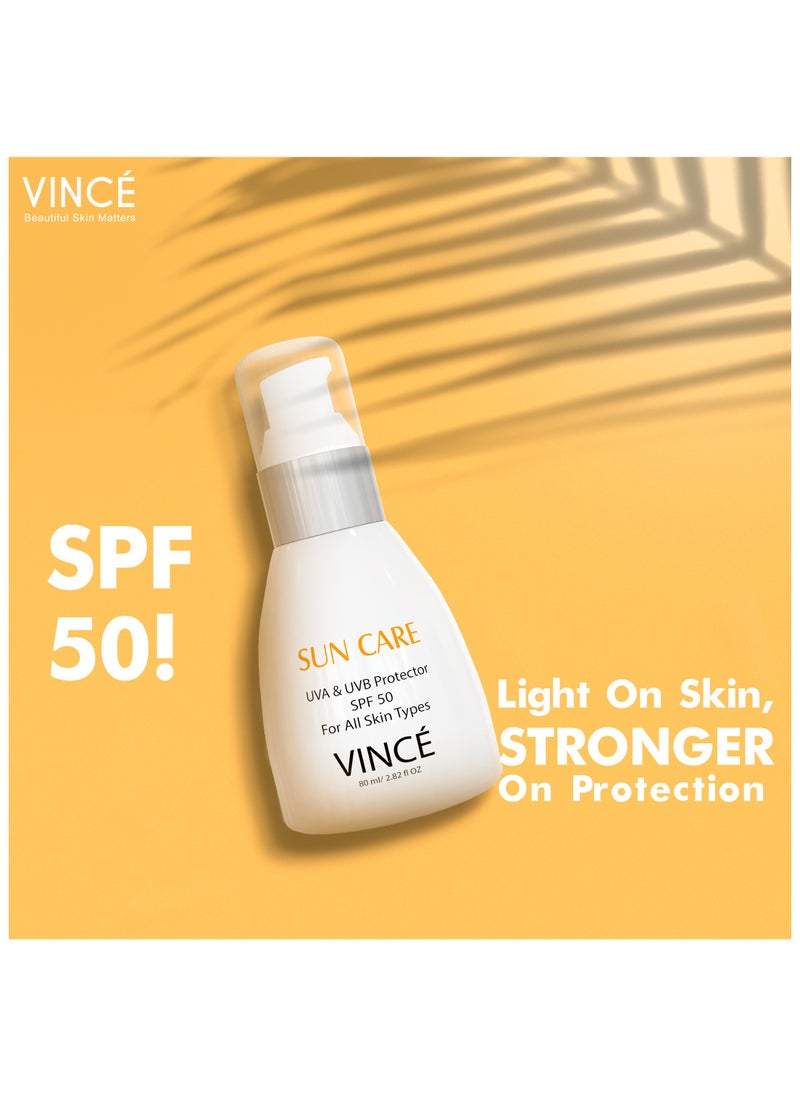 VINCE - Sunblock SPF 50 – Advanced UVA/UVB & Sun Harmful Rays Protection – Hydrates, Soothes & Prevents Premature Aging & Pigmentation – Non-Greasy – Ideal for Adults & Children, 80ml - Image 1