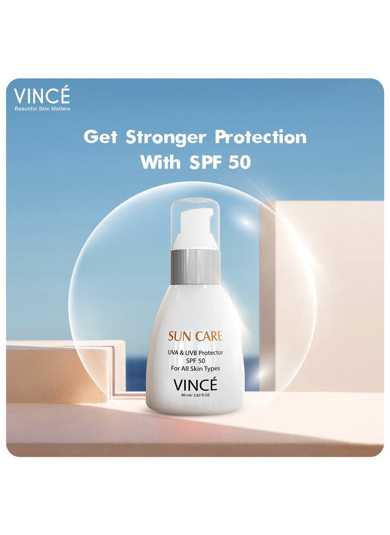 VINCE - Sunblock SPF 50 – Advanced UVA/UVB & Sun Harmful Rays Protection – Hydrates, Soothes & Prevents Premature Aging & Pigmentation – Non-Greasy – Ideal for Adults & Children, 80ml - Image 1