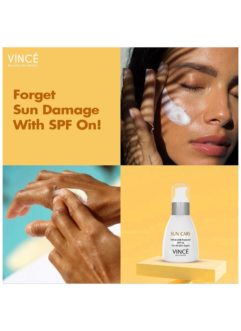 VINCE - Sunblock SPF 50 – Advanced UVA/UVB & Sun Harmful Rays Protection – Hydrates, Soothes & Prevents Premature Aging & Pigmentation – Non-Greasy – Ideal for Adults & Children, 80ml - Image 1