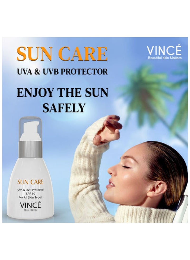 VINCE - Sunblock SPF 50 – Advanced UVA/UVB & Sun Harmful Rays Protection – Hydrates, Soothes & Prevents Premature Aging & Pigmentation – Non-Greasy – Ideal for Adults & Children, 80ml - Image 1