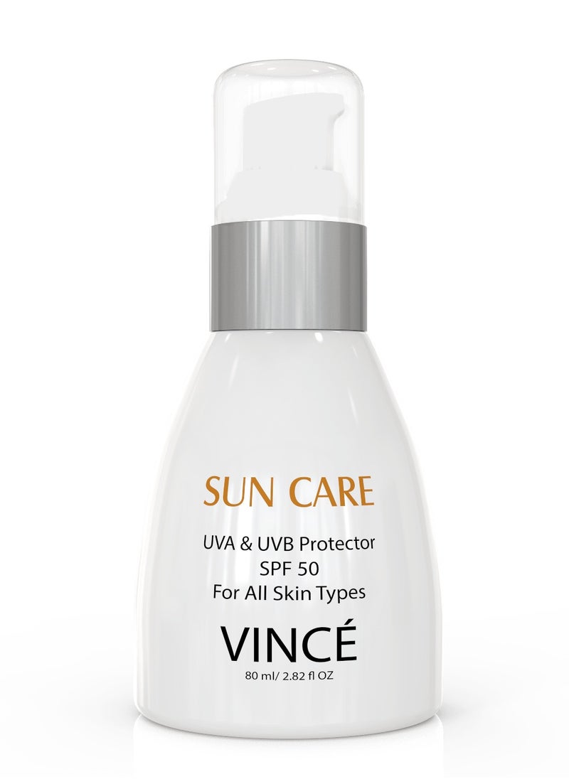 VINCE - Sunblock SPF 50 – Advanced UVA/UVB & Sun Harmful Rays Protection – Hydrates, Soothes & Prevents Premature Aging & Pigmentation – Non-Greasy – Ideal for Adults & Children, 80ml - Image 1