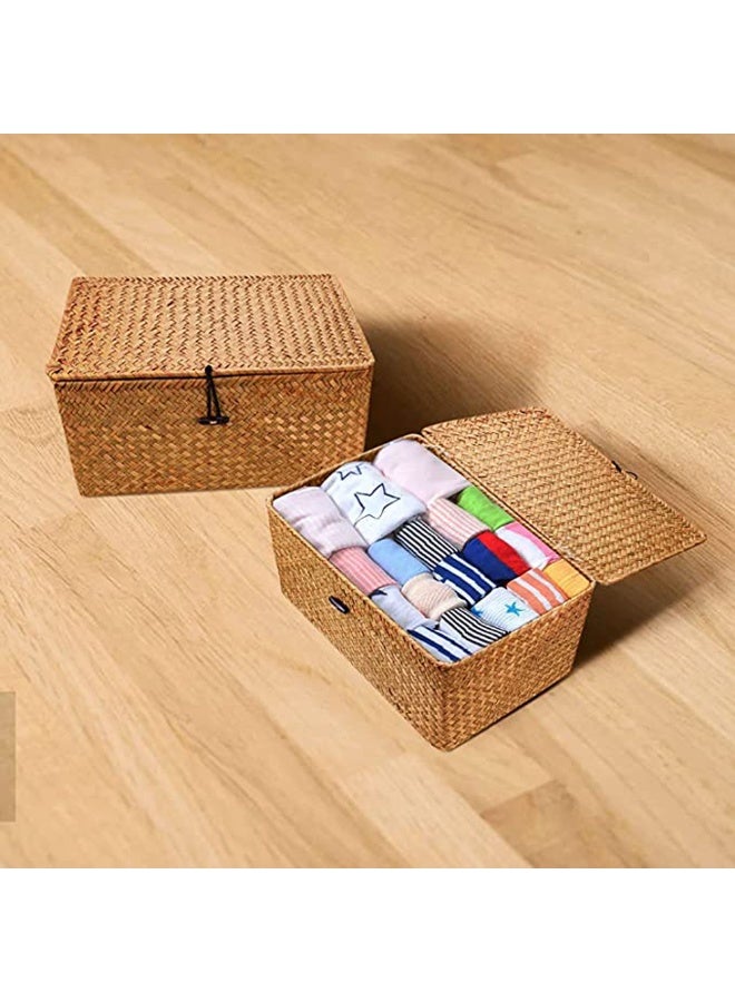 Seagrass Woven Storage Baskets with Lids - Rectangular Organizer Set for Home & Office - Image 3