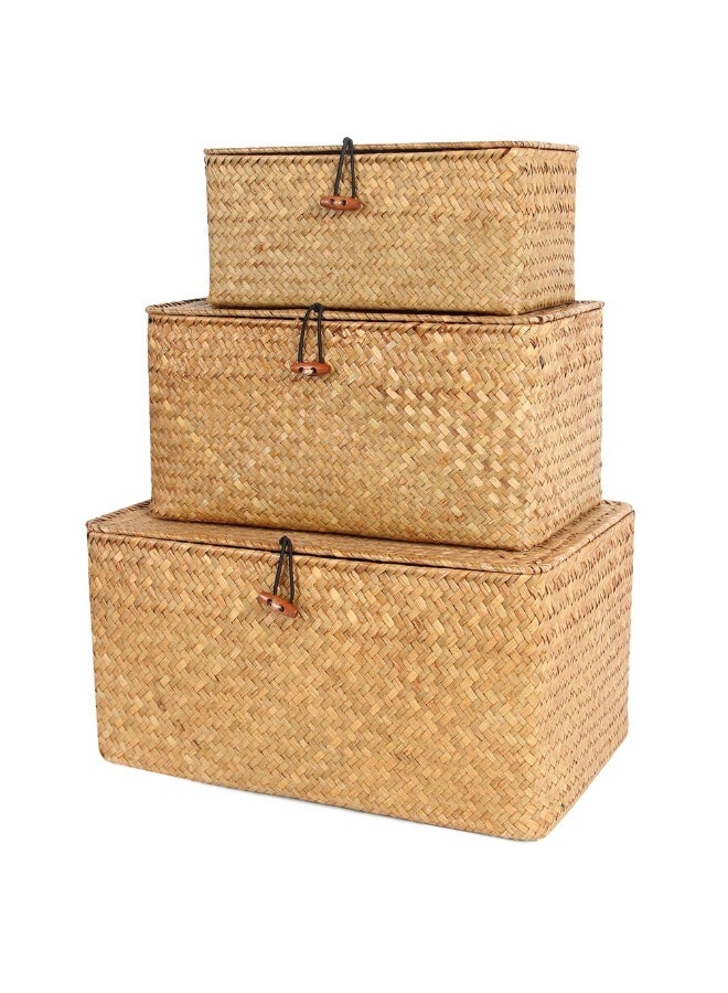 Seagrass Woven Storage Baskets with Lids - Rectangular Organizer Set for Home & Office - Image 5