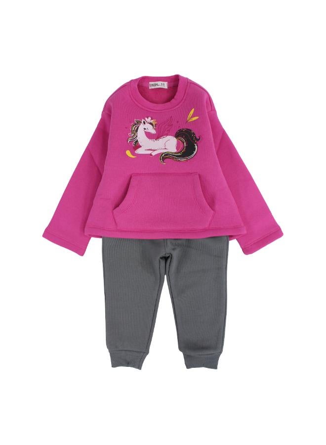 Ourkids Girls Cotton Pajama Set – Fuchsia with Unicorn Embroidery - Image 1