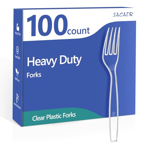 SACATR 100 Count Disposable Plastic Forks,Heavy Duty Plastic Forks, Clear Plastic Silverware, BPA-Free, Heat Resistant, Suitable for Parties, Events and Everyday Use - Image 1