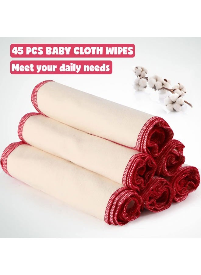 meekoo 45 Pcs Unbleached Flannel Cloth Baby Wipes Reusable Baby Diapers Wipes 8 x 8 Inch Soft and Sturdy Washable Natural Cloth Tissues Outer Stitching(Red) - Image 3