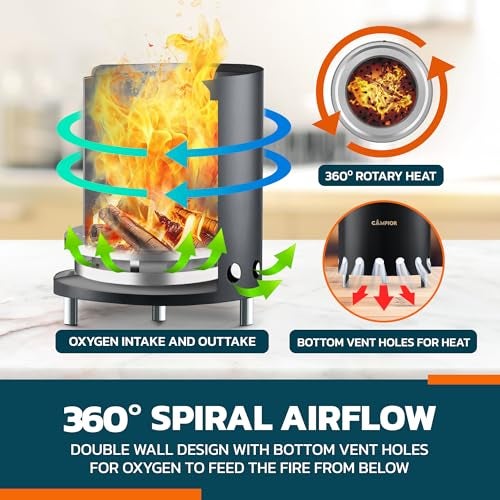 CAMPIOR Wood Burning Fire Pit Stove with Black Exterior - Smokeless Outdoor Stove for Efficient Wood Fires, Camping, and Gatherings, Stainless Steel with Removable Ash Pan, Stand and Carry Bag - Image 3