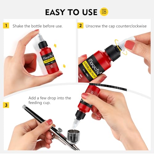Magicfly Airbrush Paint, 16 Colors Acrylic Airbrush Paint Set (30 ml/1 oz), Ready to Spray, Opaque & Neon Colors, Water-based, Premium Kit for Beginners, Hobbyist and Artists - Image 5