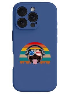 iPhone 16 Pro Max Blue Protective Slim Fit Case Liquid Silicone Cover with Full Body Protection Anti-Scratch Shockproof Case For iPhone - pug with headphones