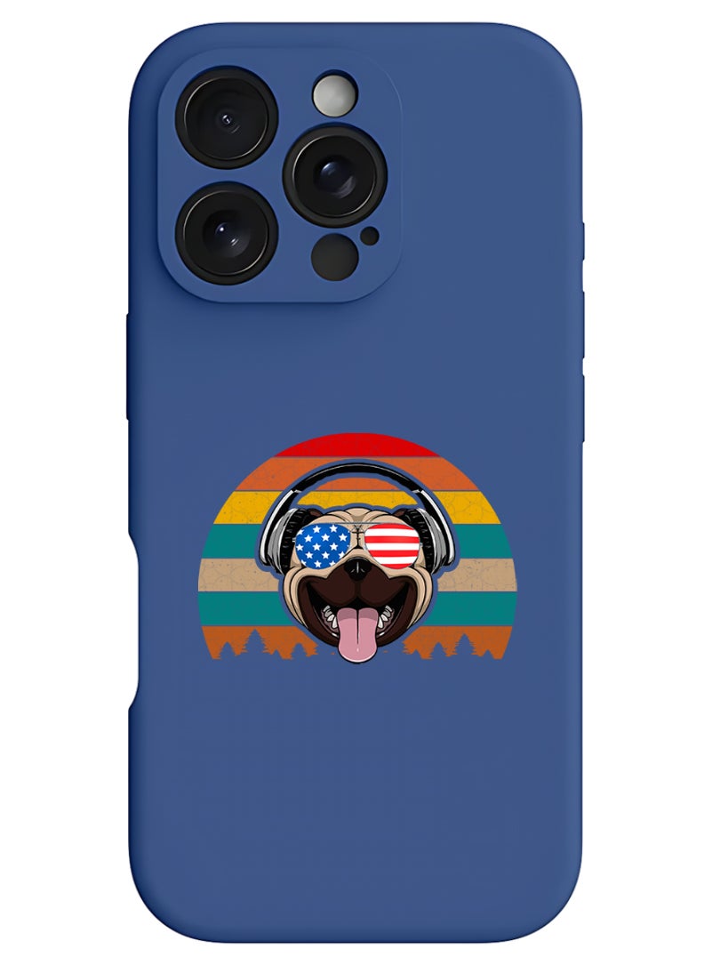 Theodor - iPhone 16 Pro Max Blue Protective Slim Fit Case Liquid Silicone Cover with Full Body Protection Anti-Scratch Shockproof Case For iPhone - pug with headphones - Image 1