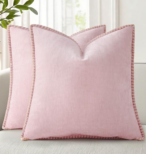 decorUhome Summer Chenille Soft Cozy Throw Pillow Covers 20x20 Set of 2 Modern Farmhouse Boho Velvet Decorative Pillow Cases with Stitched Edge for Couch Sofa Bed Home Decor Blush Pink - Image 1