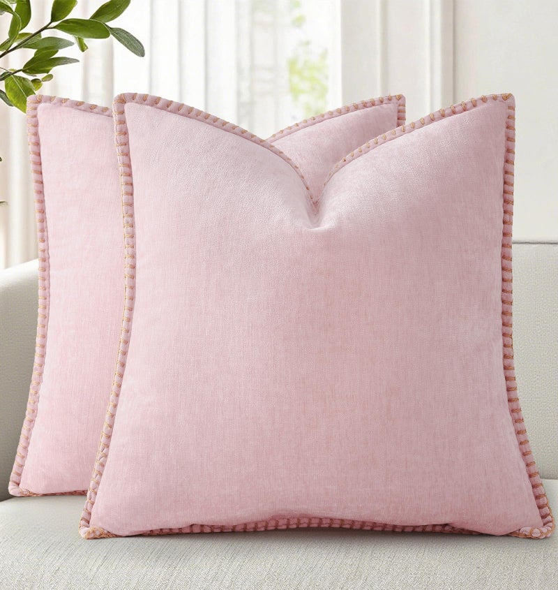 decorUhome Summer Chenille Soft Cozy Throw Pillow Covers 20x20 Set of 2 Modern Farmhouse Boho Velvet Decorative Pillow Cases with Stitched Edge for Couch Sofa Bed Home Decor Blush Pink - Image 2
