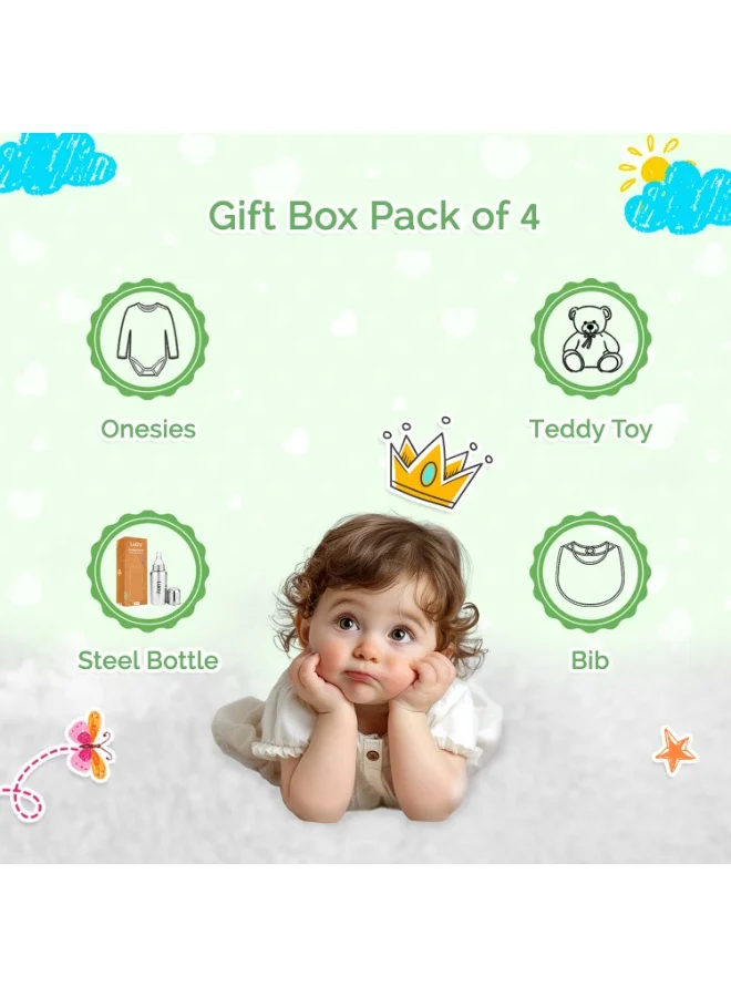 LUAY Premium Gift Box Set with The Baby Onesie, Baby Feeding Bottle, Baby Bib and Teddy Bear Best Hamper for Babies (6-9 M)