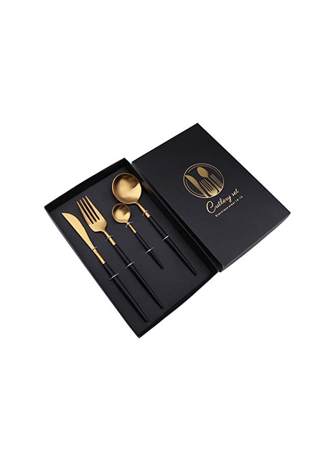 IAF 4 Pcs Stainless Steel Cutlery Set, Portuguese Flatware Set， Dinnerware Set Include Knife/Fork/Spoon/Teaspoon, used in family restaurant (black and gold) - Image 2