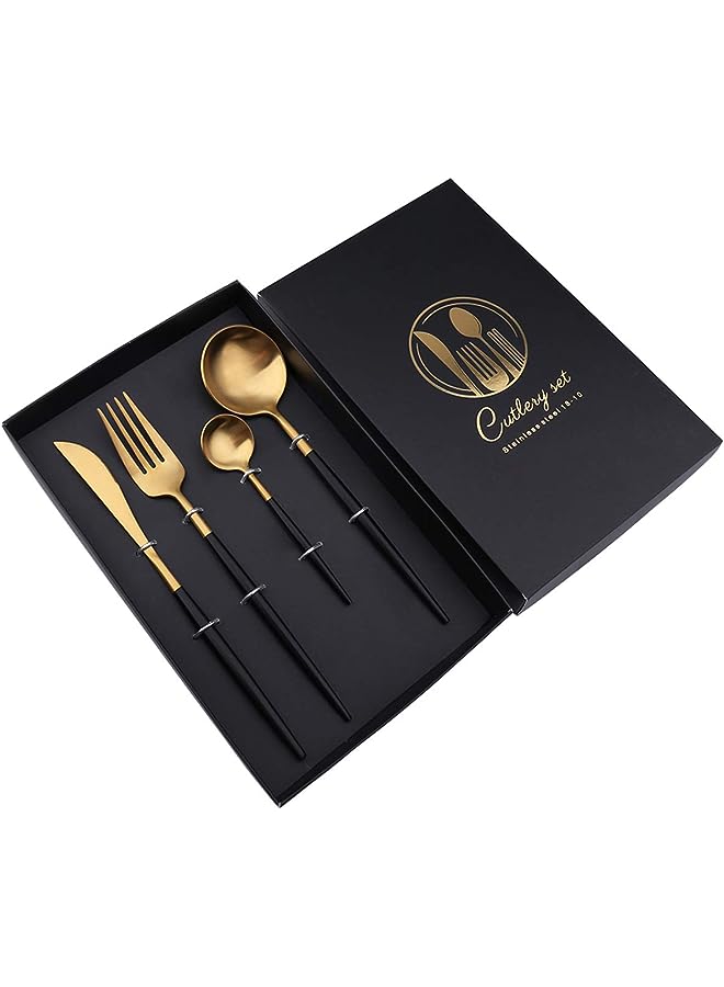 IAF 4 Pcs Stainless Steel Cutlery Set, Portuguese Flatware Set， Dinnerware Set Include Knife/Fork/Spoon/Teaspoon, used in family restaurant (black and gold) - Image 1