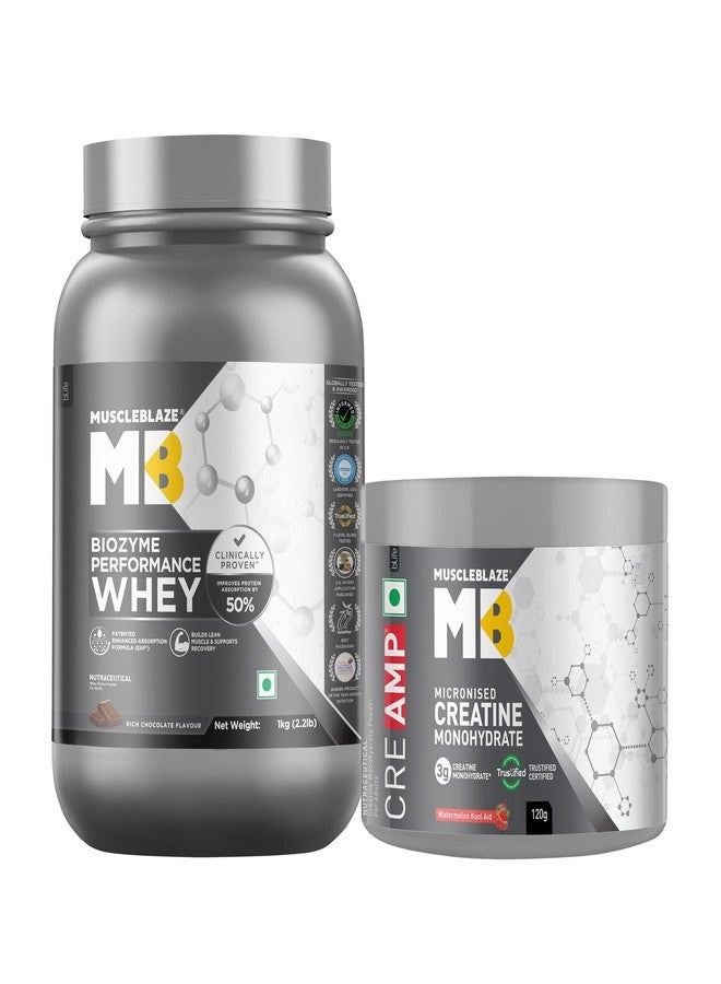 مسل بلايز مسحوق بروتين مصل اللبن عالي الأداء من MuscleBlaze Biozyme، بنكهة الشوكولاتة الغنية (1 كجم / 2.2 رطل) وكرياتين أحادي الهيدرات دقيق CreAMP، بنكهة البطيخ (30 حصة، 120 جم) | عبوة كومبو - Image 1