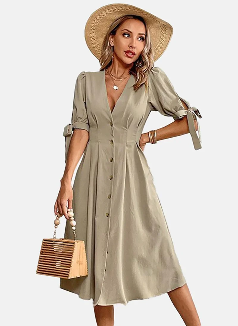 YUNIQEE Beige Basic Solid V Neck Half Sleeve Dress