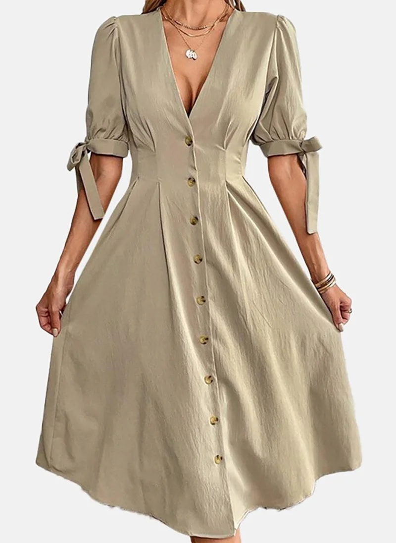 YUNIQEE Beige Basic Solid V Neck Half Sleeve Dress