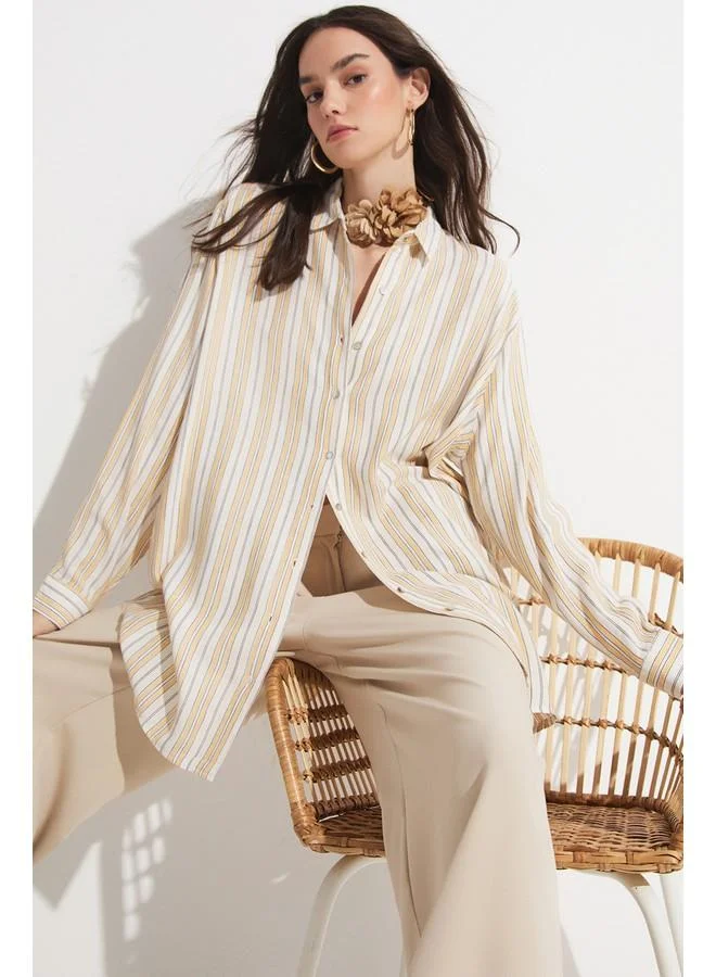 JUNE June Women Exclusive Boyfriend/Wide Fit Striped 100% Viscose Woven Shirt Mustard
