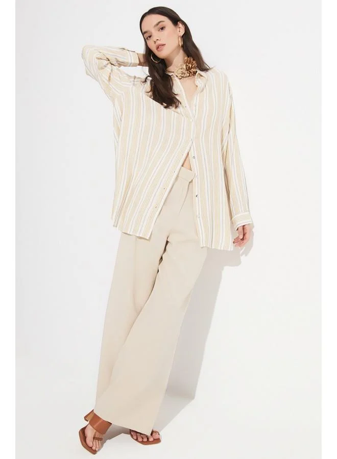 JUNE June Women Exclusive Boyfriend/Wide Fit Striped 100% Viscose Woven Shirt Mustard