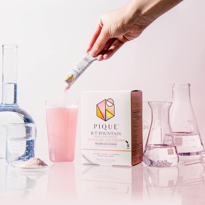 PIQUE مسحوق بيك BT فاونتين بيوتي للإلكتروليتات  مسحوق ترطيب مع حمض الهيالورونيك والسيراميدات والمغنيسيوم لبشرة مرطبة ومرنة  بدون سكر مضاف  28 علبة فردية  عبوة من 1 - Image 4