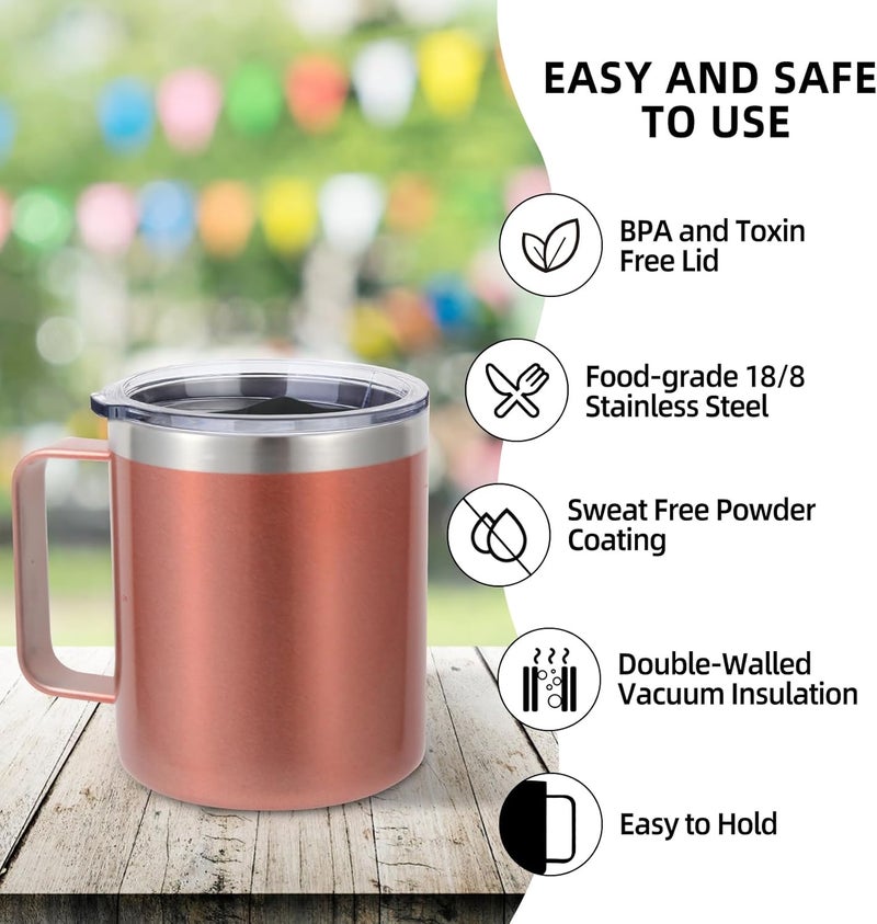 Volhoply 14oz Insulated Stainless Steel Coffee Mug with Leakproof Lid,Double Wall Vacuum Travel Coffee Cup with Handle,Reusable Metal Cups Tumbler, Camping Mugs Keep Hot,Ideal Gifts(Rose Gold,1) - Image 4