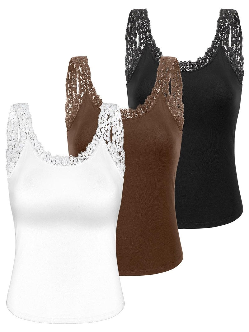 BOARDFEB 3PCS Lace Camisole Tank Tops Womens Cami Undershirt Sleeveless Ribbed Tank Black White Brown S - Image 1