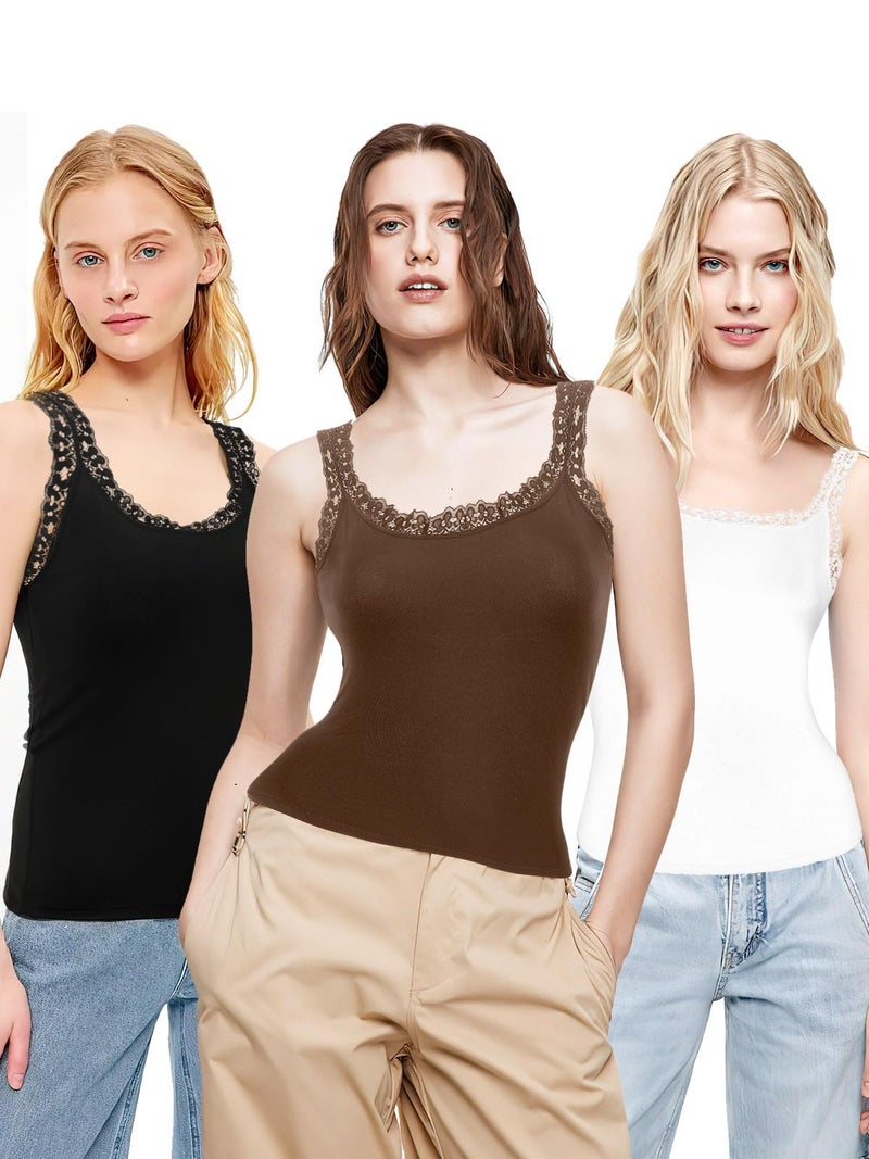 BOARDFEB 3PCS Lace Camisole Tank Tops Womens Cami Undershirt Sleeveless Ribbed Tank Black White Brown S - Image 3