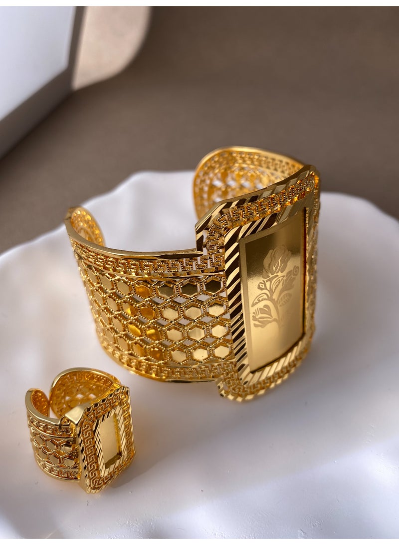 مجموعة أساور مفتوحة بقطع جانبي وطباعة هندسية من الذهب عيار 22 قيراط، خاتم أساور مطلي بالذهب صديق للبيئة، للجنسين - Image 3