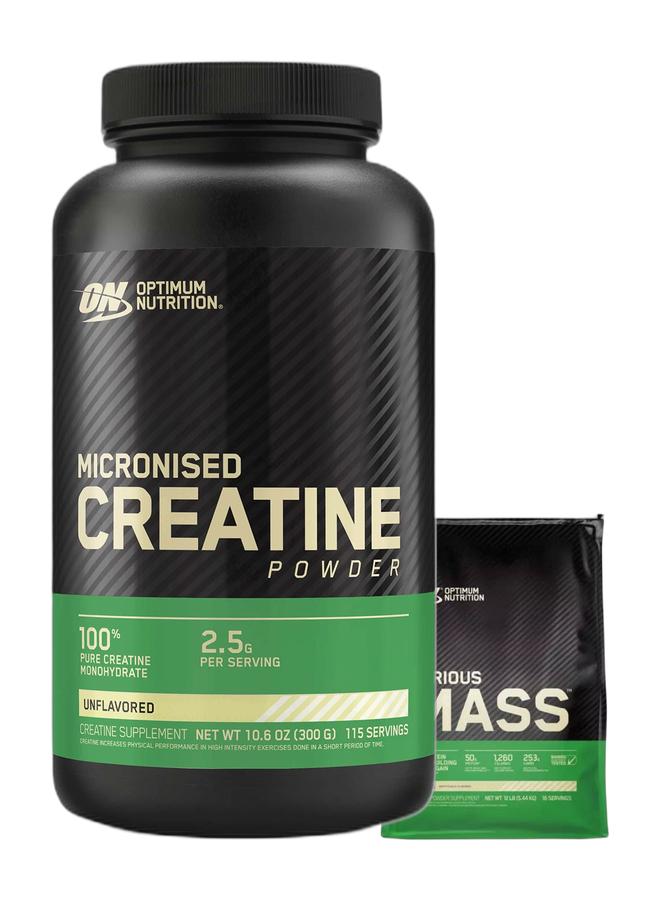 Optimum Nutrition عرض حزمة حصرية - على سيريوس ماس فانيلا 12 رطل ومسحوق الكرياتين المجهرى بدون نكهة 300 جرام 115 حصة - Image 1