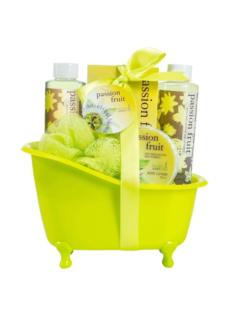 Freida and Joe - Home Spa Bath Basket Passion Fruit Fragrance Bath & Body Set For Women Contains Shower Gel, Bubble Bath, Body Lotion, Bath Salt in Green Tub - Image 1